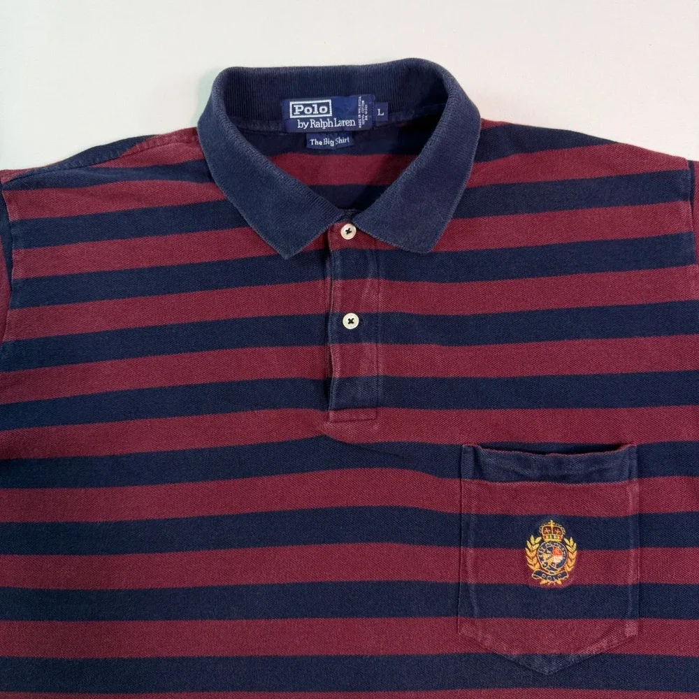 Polo Ralph Lauren The Big‎ Shirt Mens Large Striped Crest Pocket Polo Burgundy